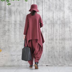 Wine Red Woolen Loose Midi Waterfall Cardigan