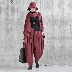 Wine Red Woolen Loose Midi Waterfall Cardigan