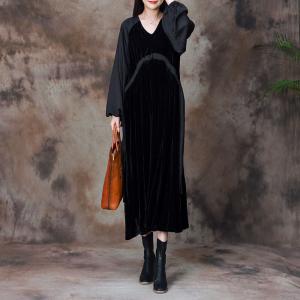 Balloon Sleeves Black Velvet Dress V-Neck Elegant Tied Dress