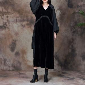 Balloon Sleeves Black Velvet Dress V-Neck Elegant Tied Dress