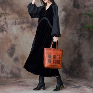 Balloon Sleeves Black Velvet Dress V-Neck Elegant Tied Dress