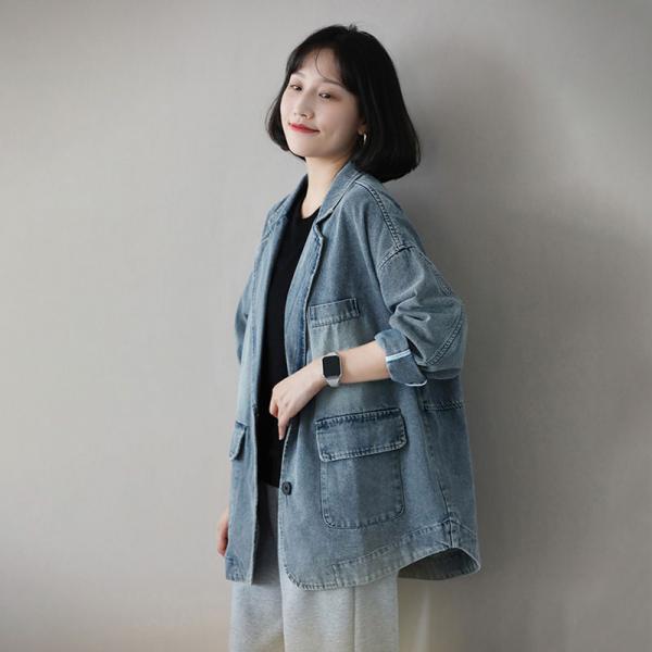 Street Style Oversized Denim Blazer Long Sleeve Plus Size Coat