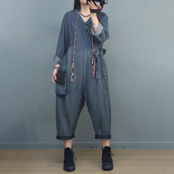 Long Sleeves Side Tied Jumpsuits V-Neck Jean Coveralls