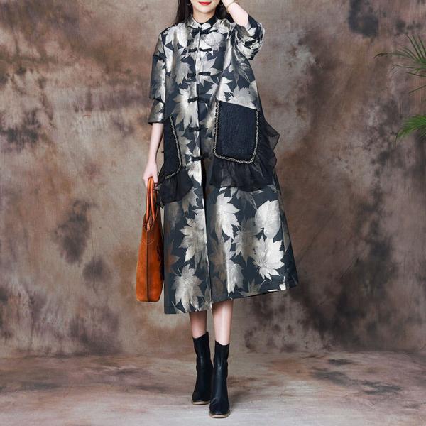 Chinese Fog Buttons H-Shaped Coat Lace Pocket Printed Coat