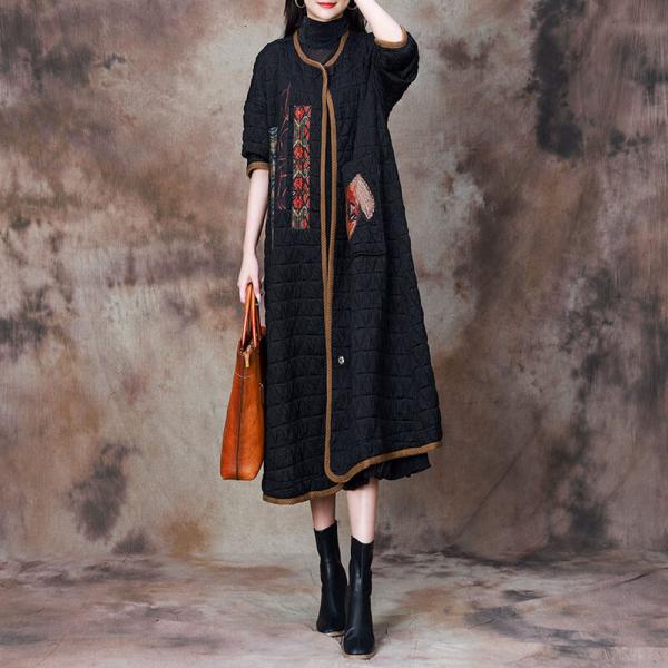 Colorful Flowers Patchwork Black Cotton Coat