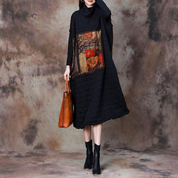 Painted Patchwork Black Quilted Turtleneck Dress