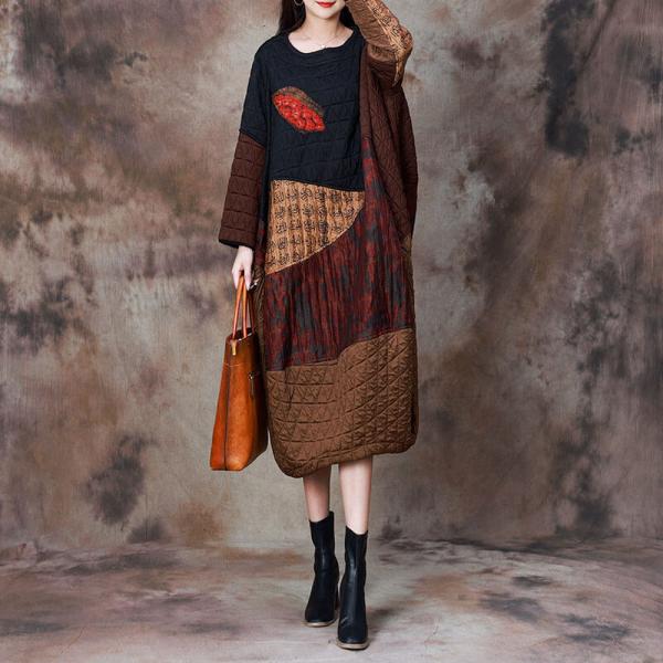 Contrast Color Ethnic Patchwork Caftan Dress