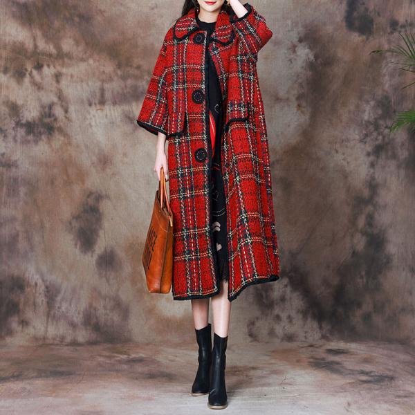 Big Buttons Wool Red Gingham Coat