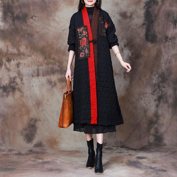 Rose Patchwork Quilted Black Midi Coat