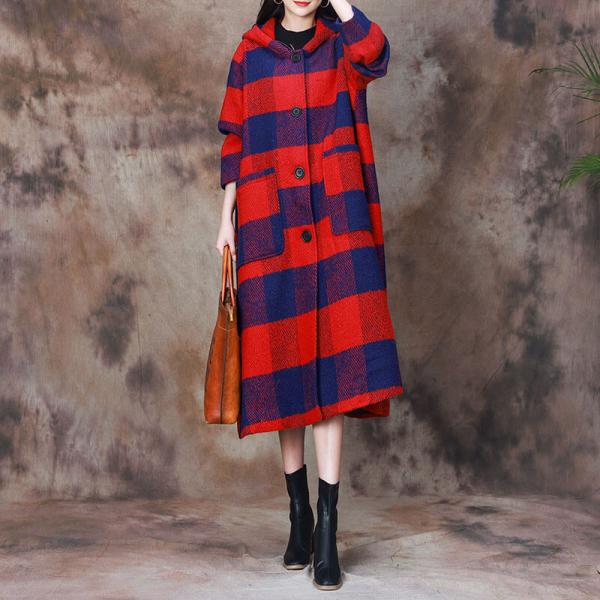 Large Size Wool Tartan Hooded Coat