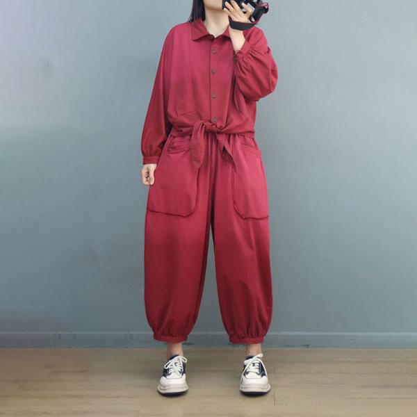 Cotton Tie Knot Blouse with Balloon Sweat Pants Sets