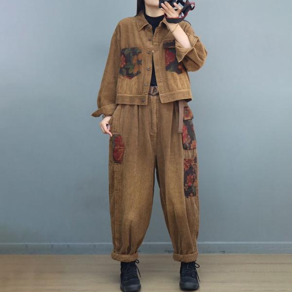 Printed Pockets Corduroy Jacket with Loose Trousers Sets