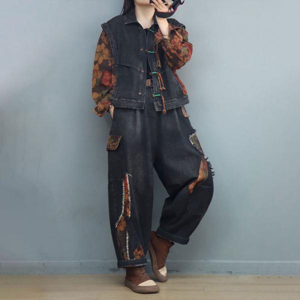 Tassel Frig Buttons Black Jacket with Patchwork Dad Jeans