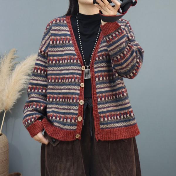 Retro V-Neck Folk Patterned Sweater Cardigan