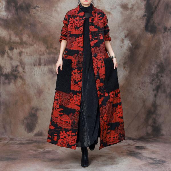 Jacquard Painting Stand Collar Large Long Coat