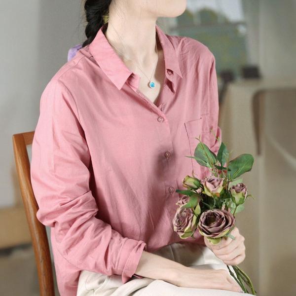 Long Sleeves Plain Casual Cotton Blouse