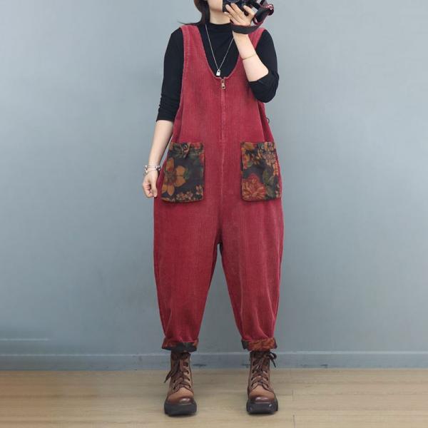 Printed Pockets Front Zip Corduroy Sleeveless Overalls