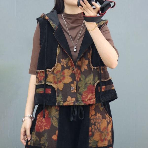 Cotton Linen Flowers Patchwork Hooded Vest