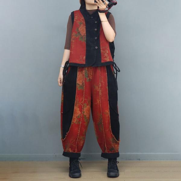 Folk Style Frog Buttons Waistcoat with Printed Quilted Pants