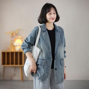 Street Style Oversized Denim Blazer Long Sleeve Plus Size Coat