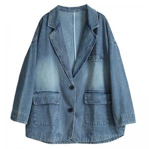 Street Style Oversized Denim Blazer Long Sleeve Plus Size Coat