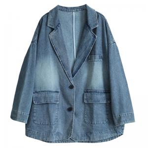 Street Style Oversized Denim Blazer Long Sleeve Plus Size Coat