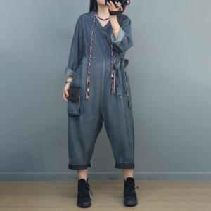 Long Sleeves Side Tied Jumpsuits V-Neck Jean Coveralls