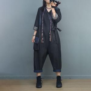 Long Sleeves Side Tied Jumpsuits V-Neck Jean Coveralls