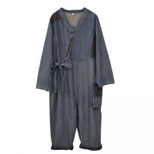 Long Sleeves Side Tied Jumpsuits V-Neck Jean Coveralls