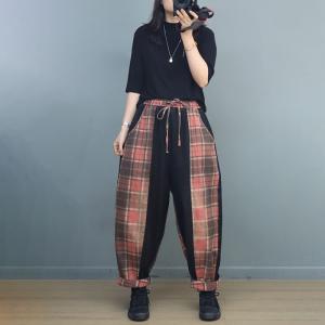 Black Contrast Gingham Jeans Drawstring Waist Spirit Pants