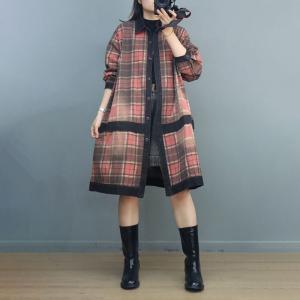 Preppy Style Casual Gingham Coat Plus Size Tartan Coat