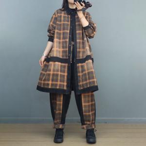 Preppy Style Casual Gingham Coat Plus Size Tartan Coat