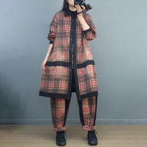 Preppy Style Casual Gingham Coat Plus Size Tartan Coat