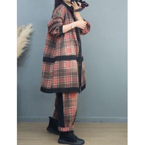 Preppy Style Casual Gingham Coat Plus Size Tartan Coat