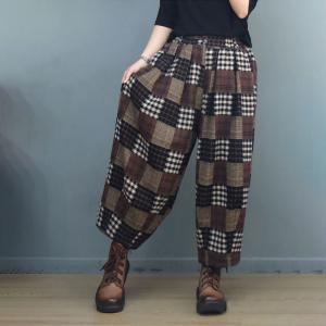 Cotton Brushed Tartan Pants High Rise Coffee Trousers