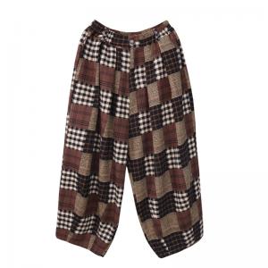 Cotton Brushed Tartan Pants High Rise Coffee Trousers