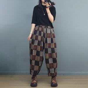 Cotton Brushed Tartan Pants High Rise Coffee Trousers