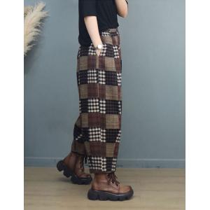 Cotton Brushed Tartan Pants High Rise Coffee Trousers