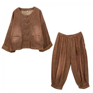 Frog Buttons Short Jacket with Baggy Corduroy Pants