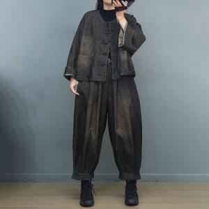 Frog Buttons Short Jacket with Baggy Corduroy Pants