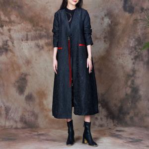 Red Ribbon Senior Women Black Coat Mulberry Silk Jacquard Coat