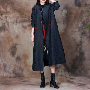 Red Ribbon Senior Women Black Coat Mulberry Silk Jacquard Coat