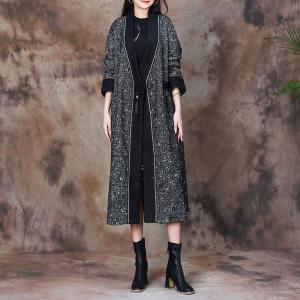 Wool Blend Robe Coat Long Fringed Black Winter Coat