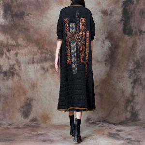 Colorful Flowers Patchwork Black Cotton Coat