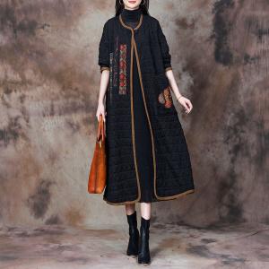 Colorful Flowers Patchwork Black Cotton Coat