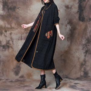 Colorful Flowers Patchwork Black Cotton Coat