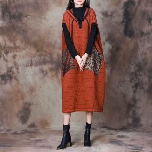 Ethnic Pocket Quilted Hooded Dress Orange Quilted Cocoon Dress