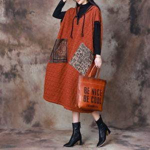 Ethnic Pocket Quilted Hooded Dress Orange Quilted Cocoon Dress