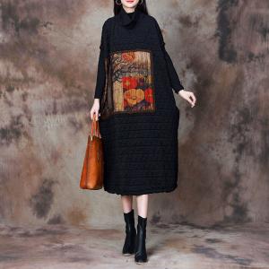 Painted Patchwork Black Quilted Turtleneck Dress