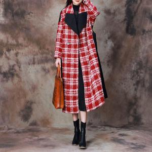 Wide Lapel Wool Tied Red Tartan Coat